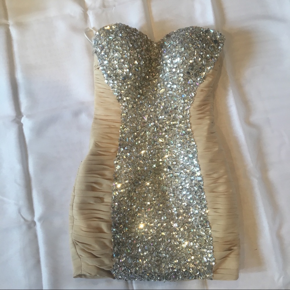 Short strapless cream sparkle dress